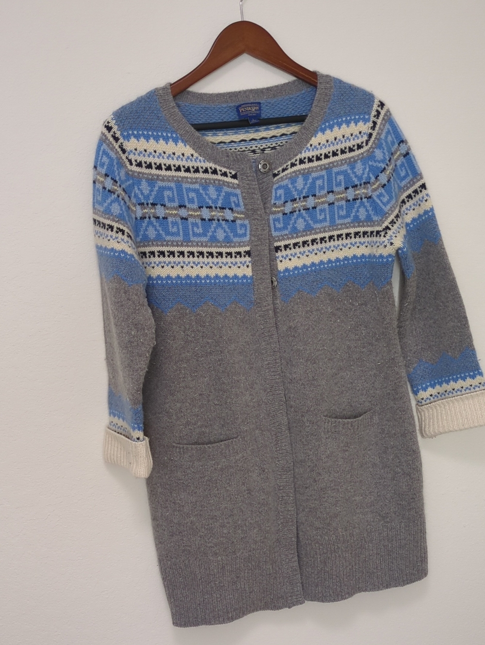 Pendleton Gray & Light Blue Fair Isle Wool Long Cardigan